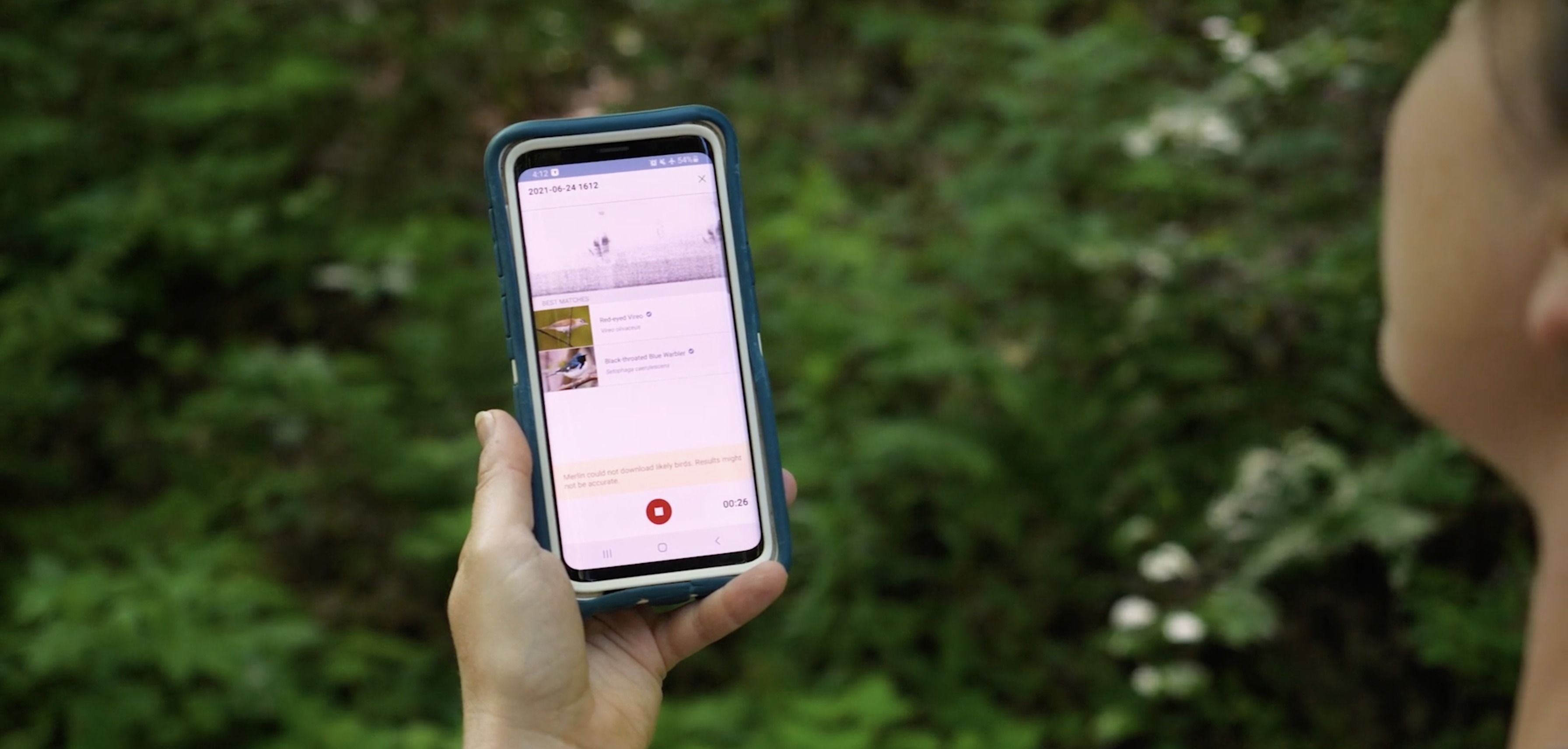 A person holding a smartphone with Merlin Sound ID tool running