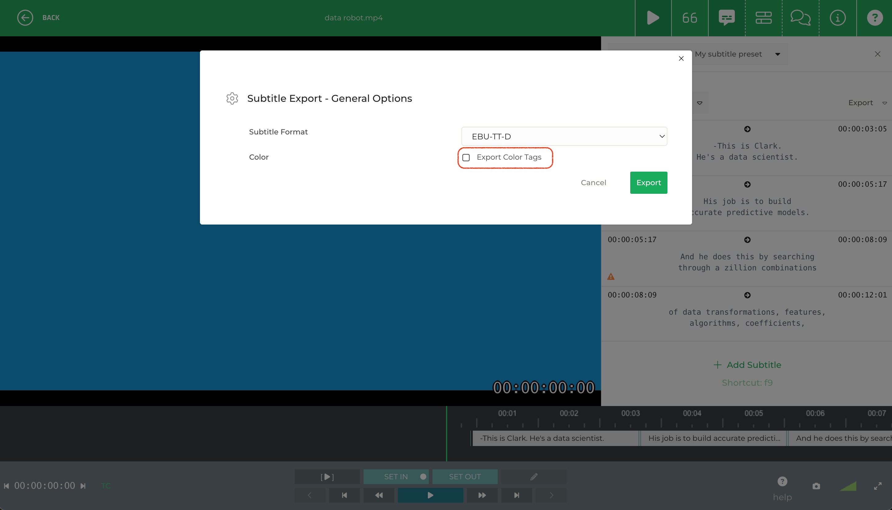 Limecraft screenshot illustrating how you can export subtitles as a file without colours to mark speaker changes