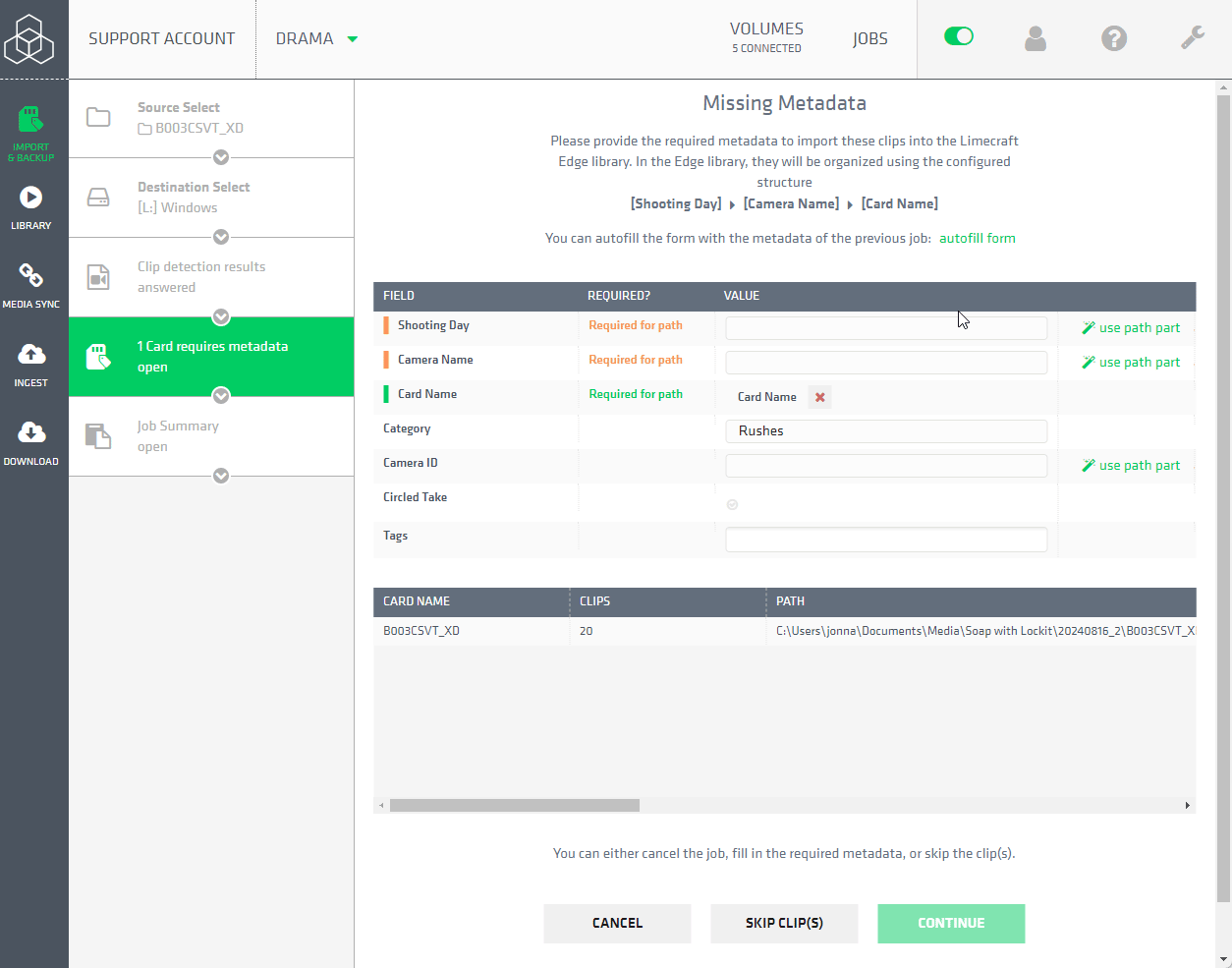 Limecraft GIF showing how to add metadata during an offload job with Edge.