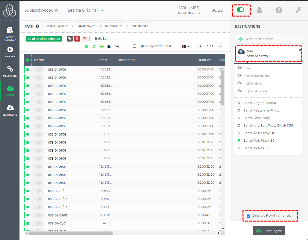 Limecraft screenshot showing how to transfer files that were already transcoded in offline modus.