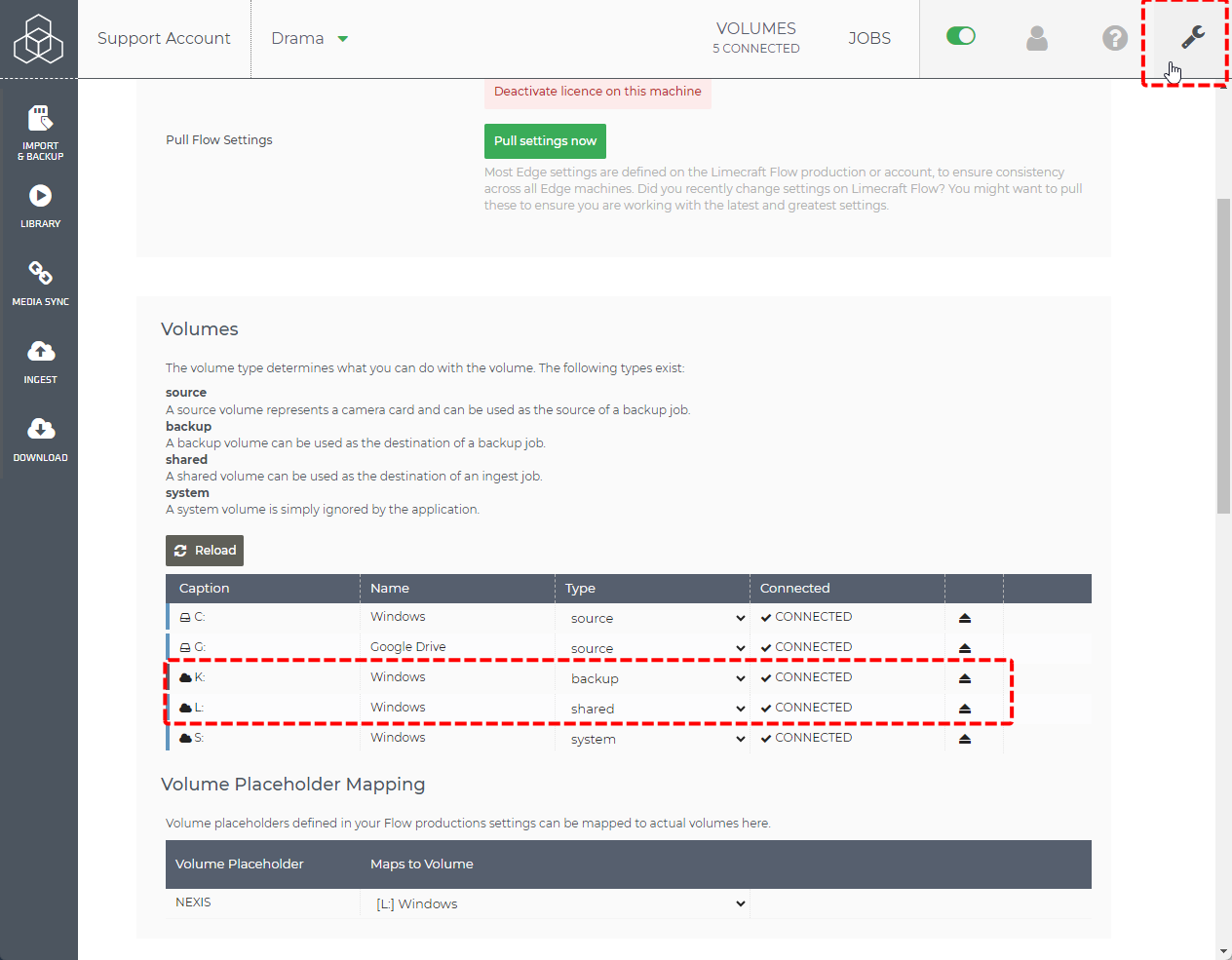 Limecraft screenshot showing how to map local storage locations as backup or shared volume for Edge.