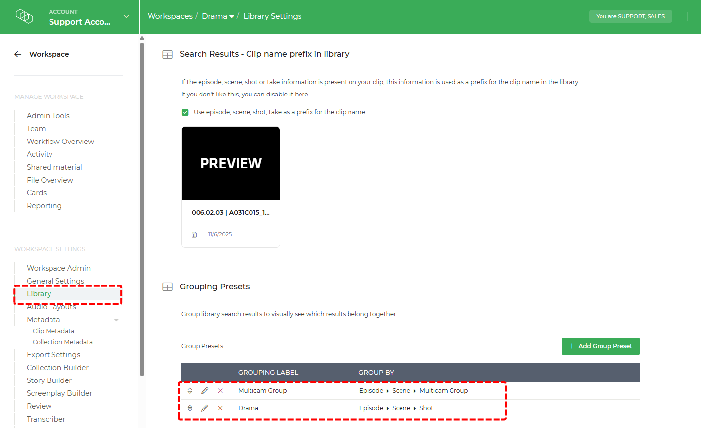 Limecraft screenshot illustrating how to add an automatic prefix in a clip and set the grouping settings for organising the media in the library.