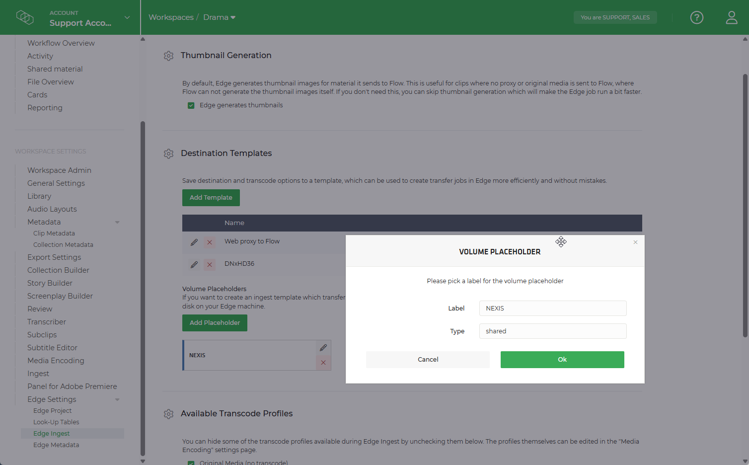 Limecraft screenshot showing how to map a placeholder to a shared drive.