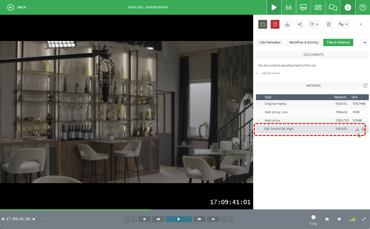 Limecraft screenshot showing where to download a clip version such as an edit proxy from Cloud Storage.