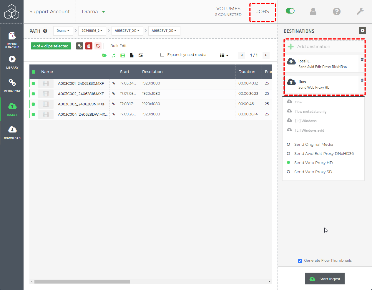 Limecraft screenshot showing how to start several Edge Ingest jobs at simultaneously. 