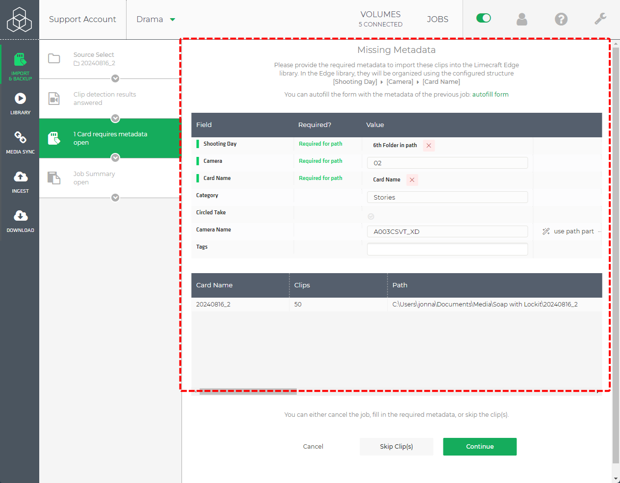 Limecraft screenshot showing the metadata screen where you must fill in the path parts according to the Edge configuration.