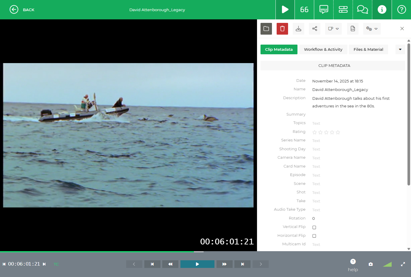 Limecraft Screenshot showing where to find the metadata fields in the clip info panel.