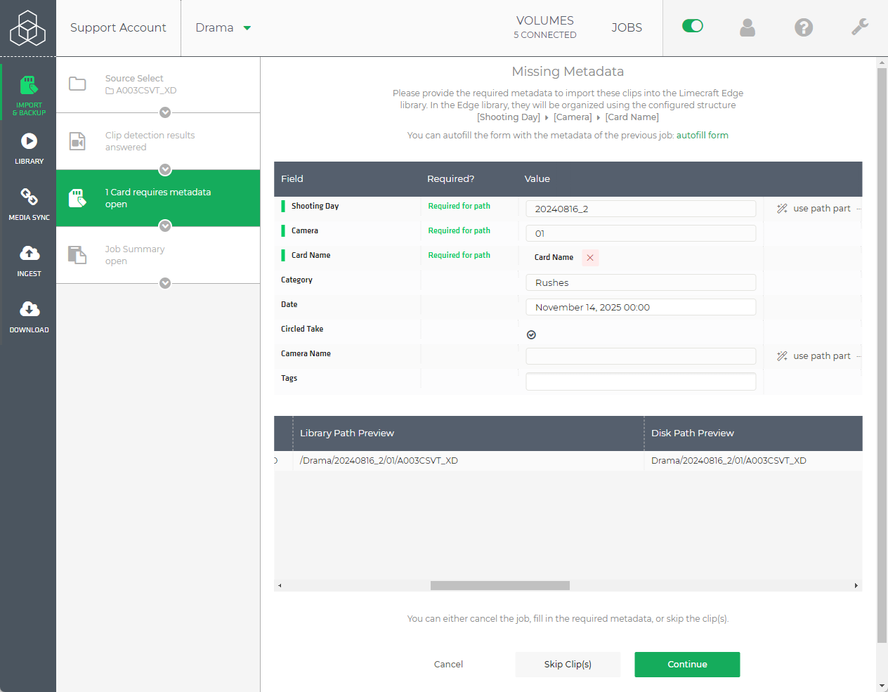 Limecraft Screenshot showing the required metadata while offloading with Limecraft Edge.