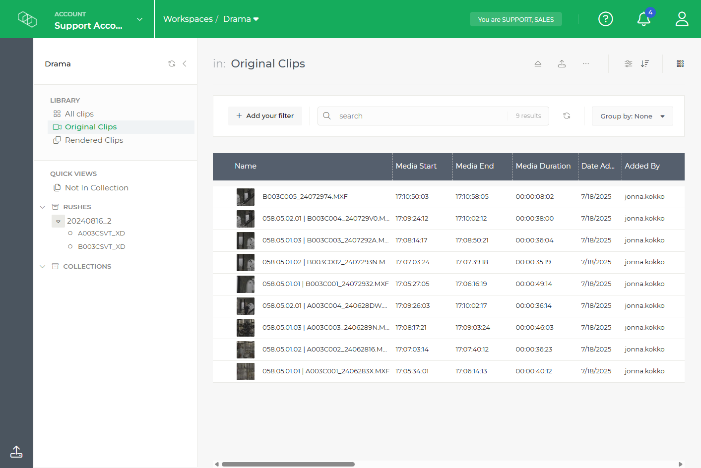 Limecraft screenshot showing a library structure automatically created when offloading with Edge relying on the metadata fields. 