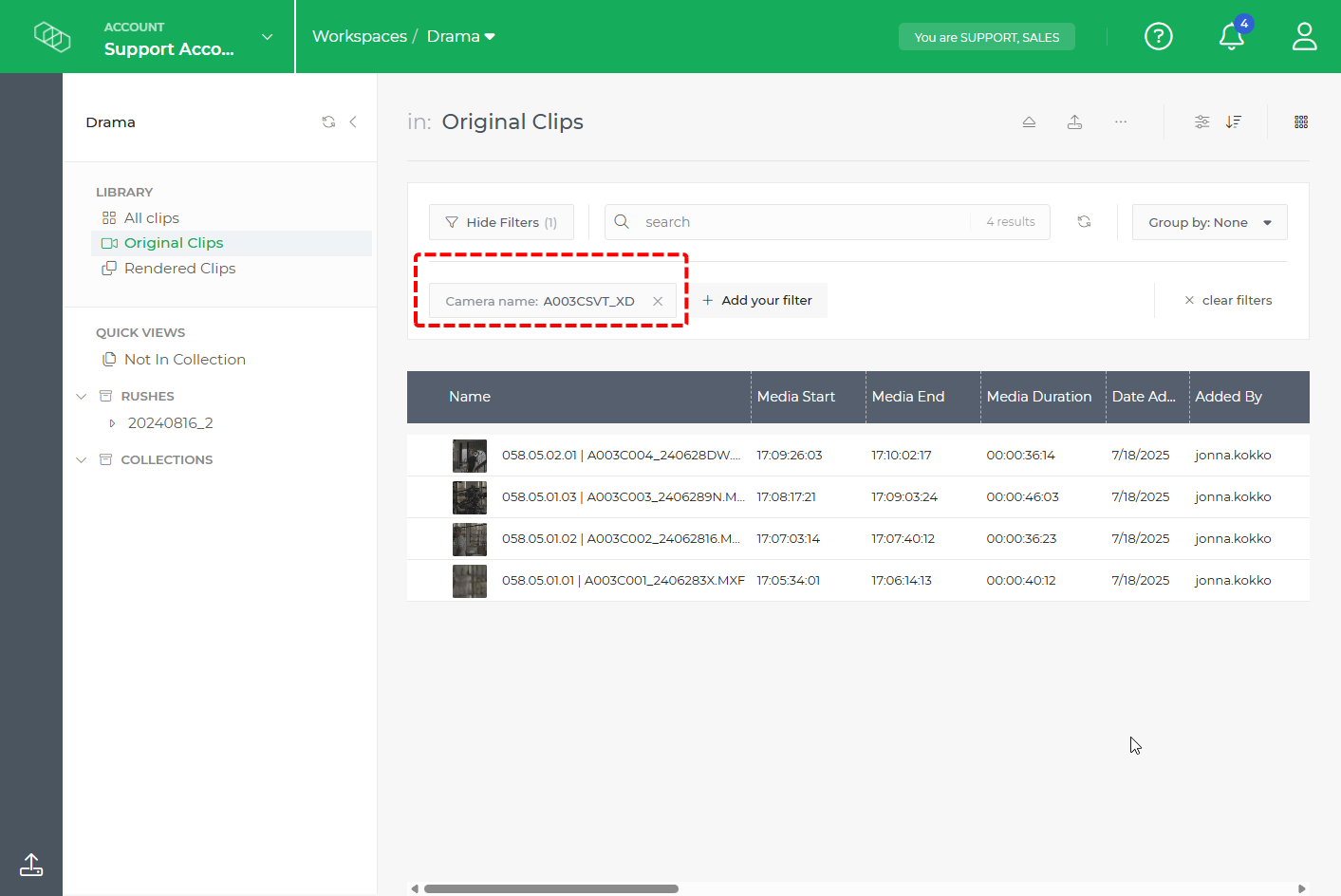 Limecraft Screenshot showing how to make use of the metadata for powerful searches in the Limecraft Library.