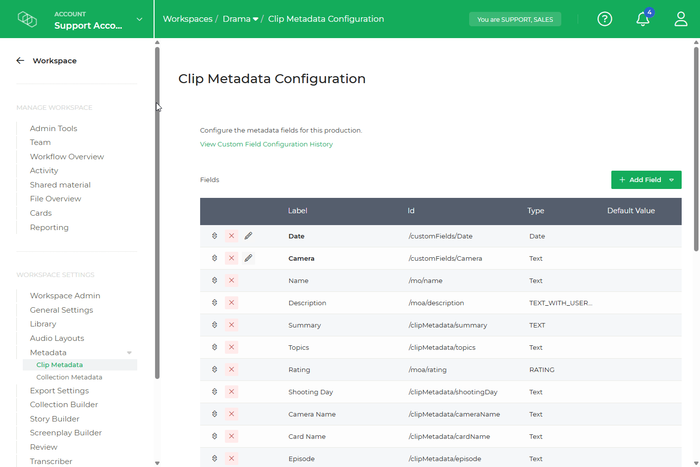 Limecraft GIF showing how to add custom metadata fields to enrich uploaded or offloaded media. 