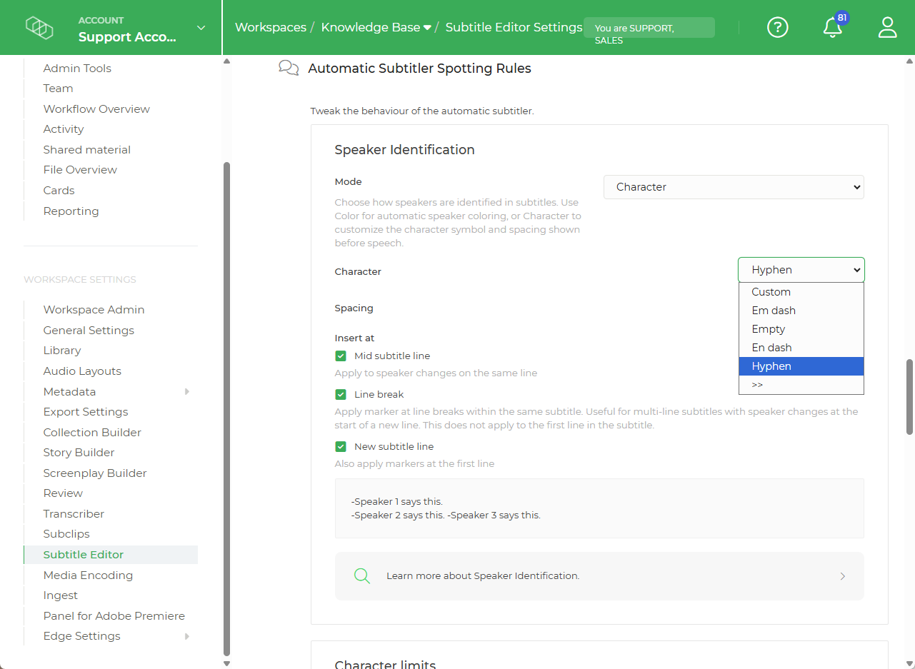 Limecraft screenshot showing different options to indicate a speaker change with a character.