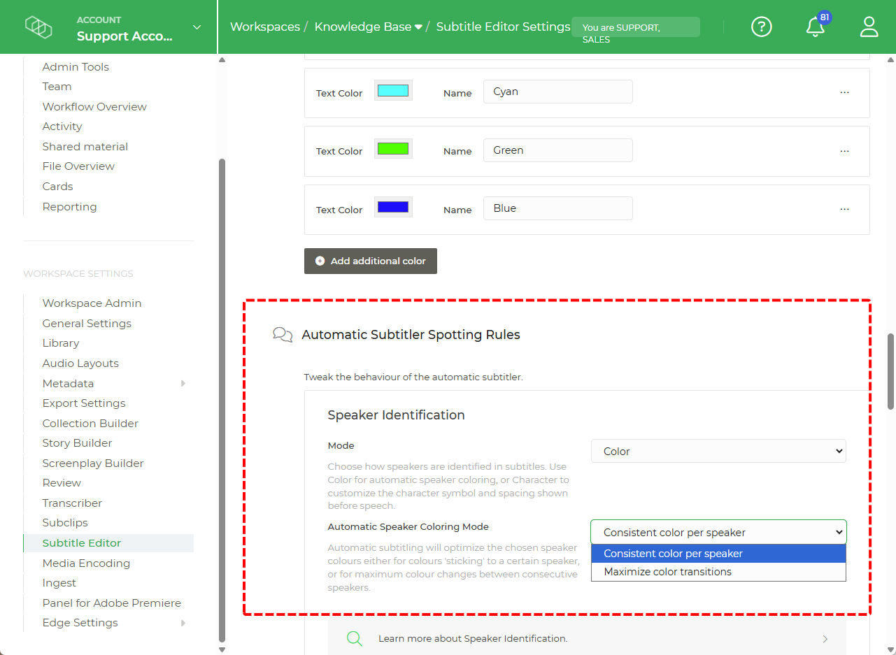 Limecraft screenshot showing how to indicate speaker changes with colour. 