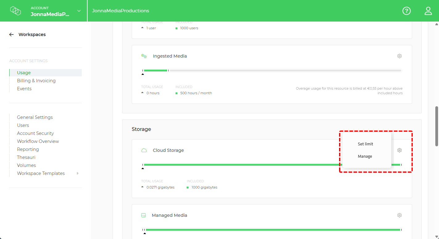 Limecraft screenshot illustrating how to manage cloud storage in the Admin Portal. 