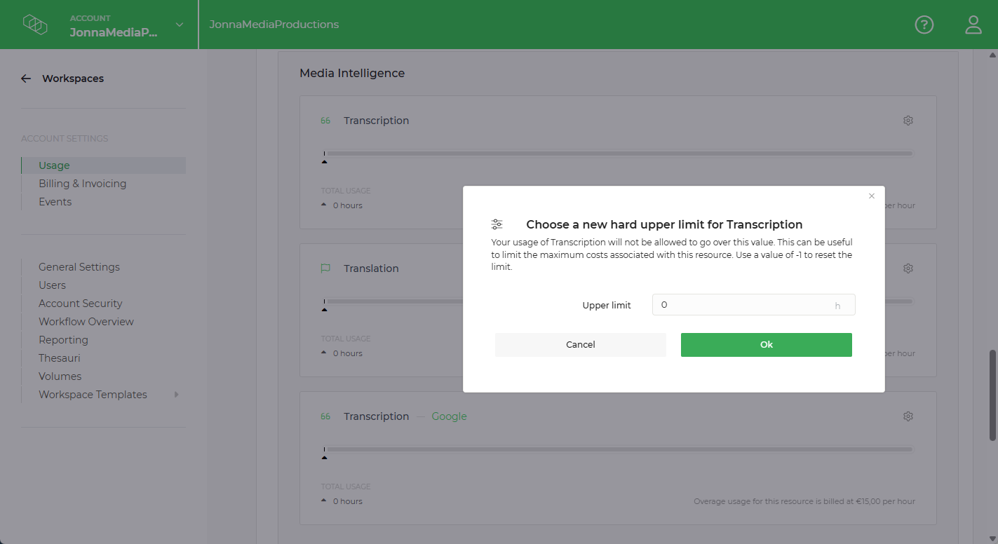 Limecraft Screenshot showing how to disable a paid service in the account usage settings. 