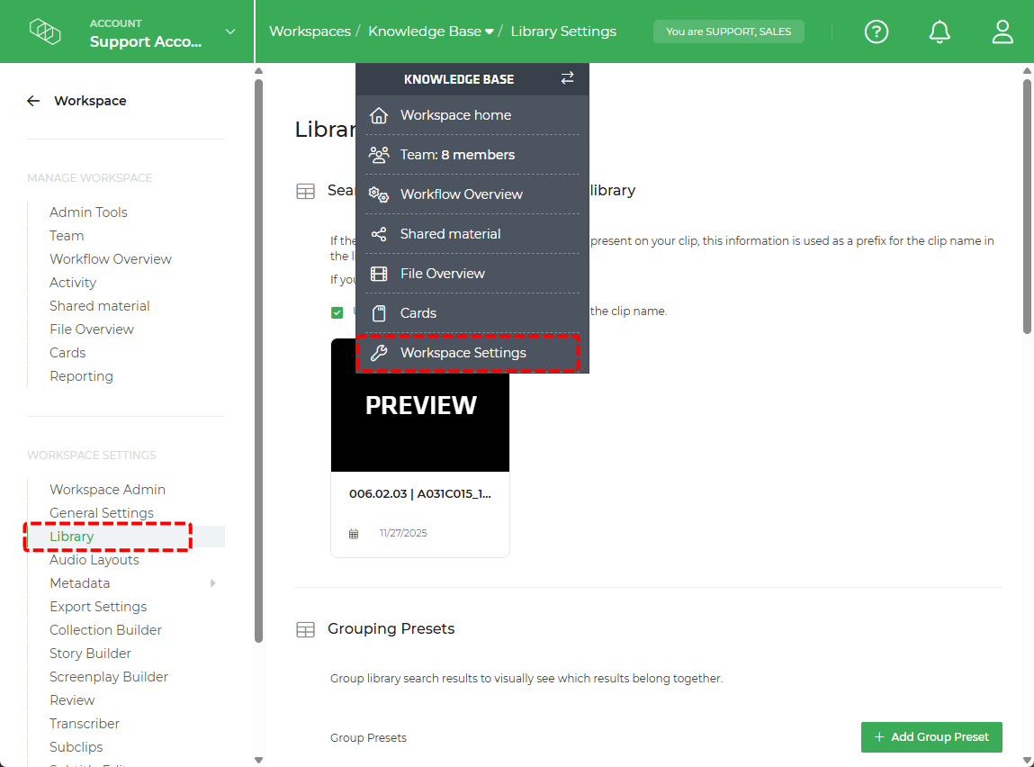 Limecraft screenshot showing how to access the Library settings in the workspace settings. 