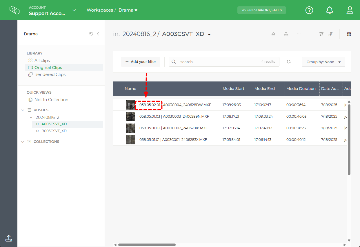 Limecraft screenshot showing how clips look like when using automatic prefix based on episode scene shot take metadata. 