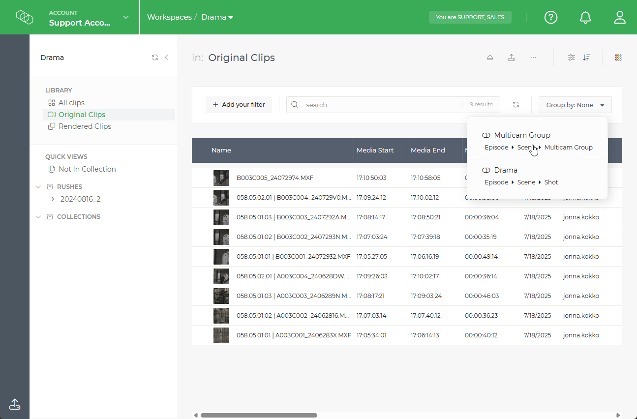 Limecraft GIF showing how to switch between different grouping presets to organise material for optimal overview for each purpose. 