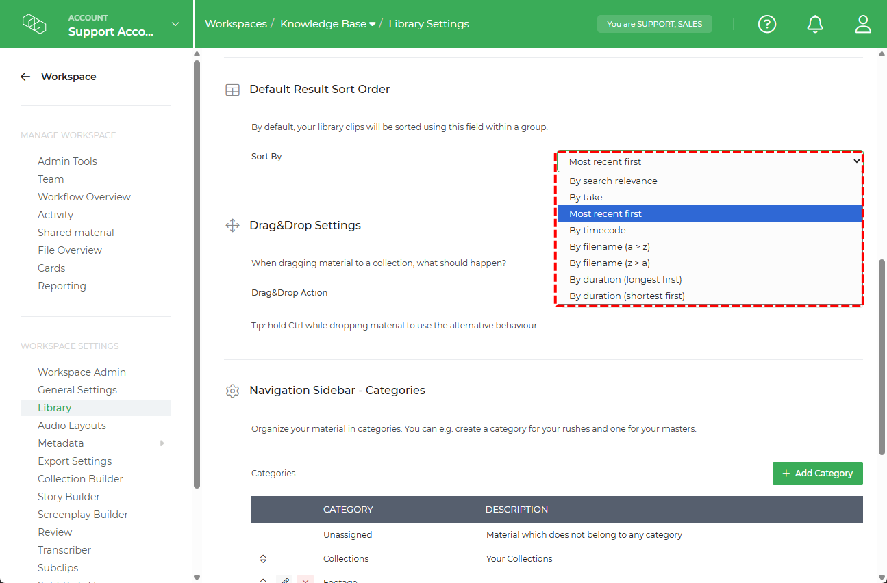 Limecraft screenshot showing how to set a default sort order to optimise a workspace according to its use. 