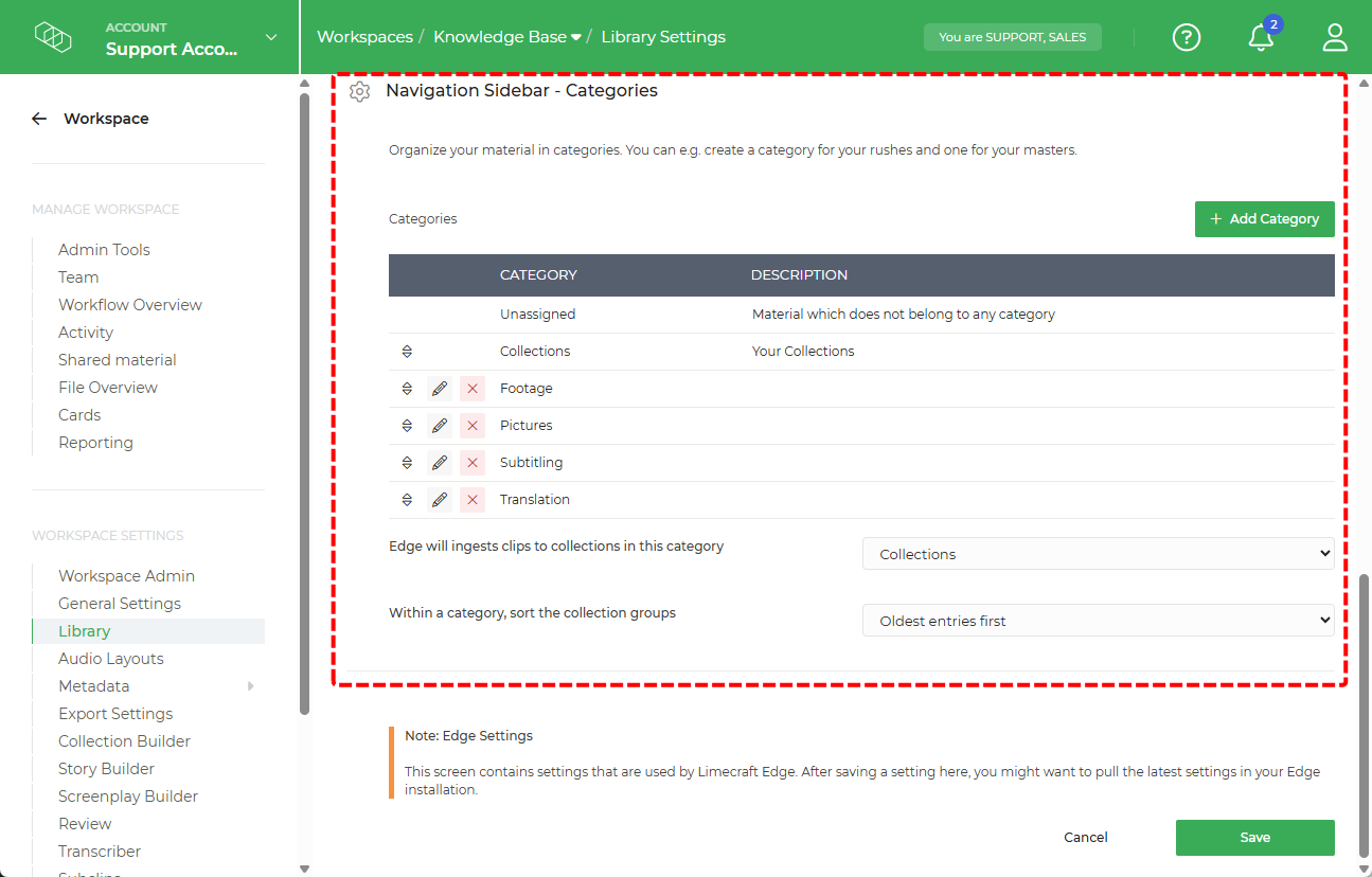 Limecraft screenshot showing the settings for managing categories. 