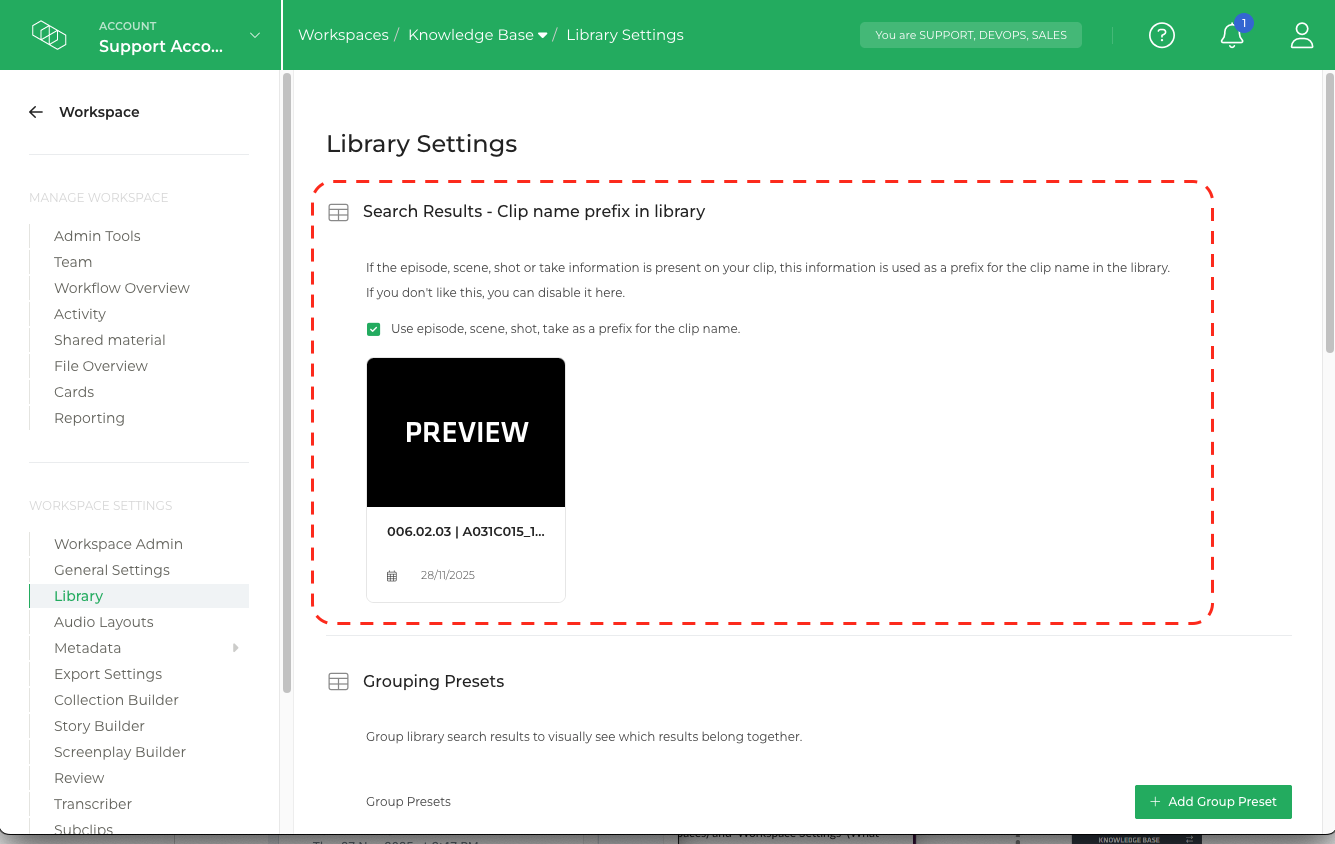 Screenshot of the Limecraft Library Settings, illustrating how you can manipulate how the names of clips are displayed