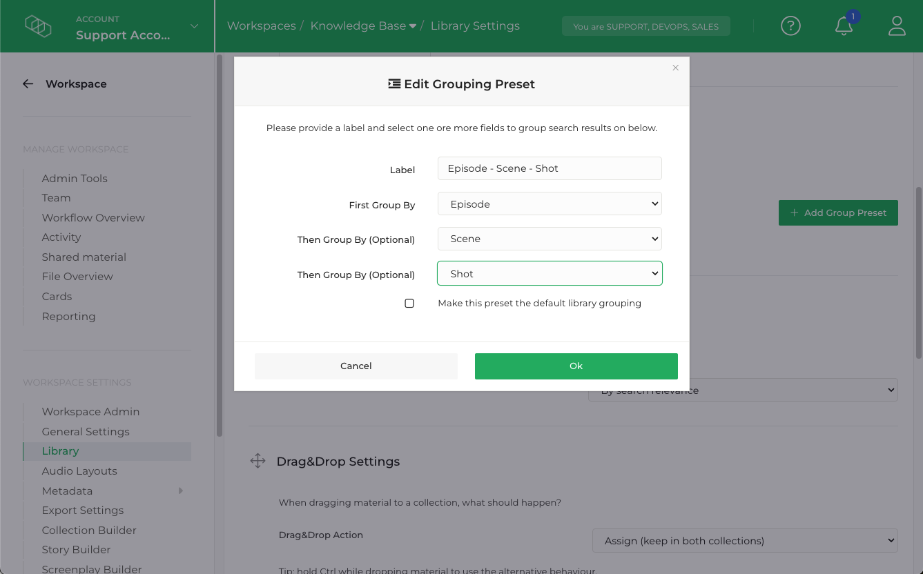 Screenshot of the Limecraft Library Settings, illustrating how you can enable grouping of clips