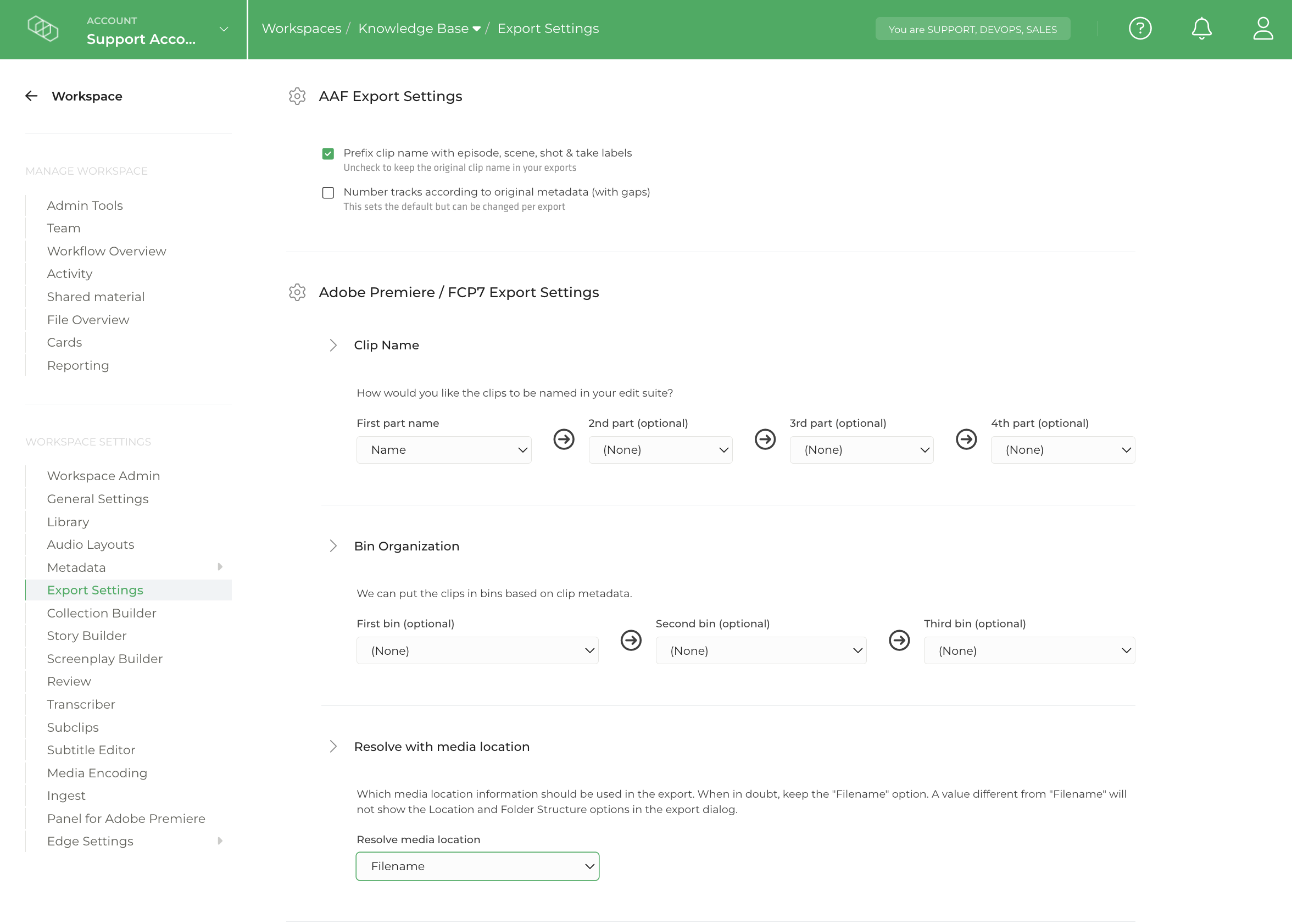 Limecraft screenshot illustrating the advanced settings in Export Options, i.e. AAF structuring and naming convensiont