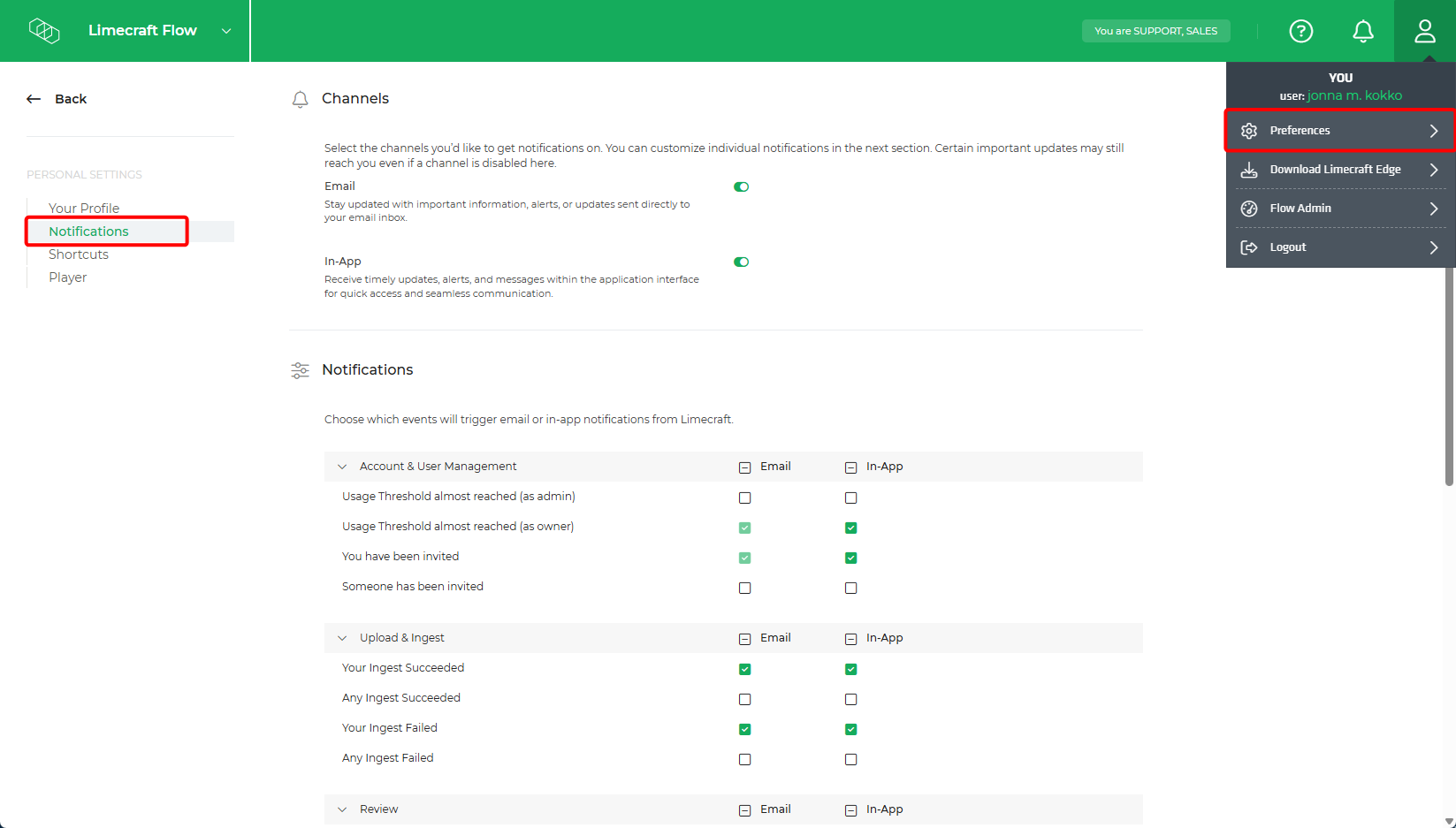 Limecraft screenshot showing how to access the Notifications preferences on Limecraft Platform.