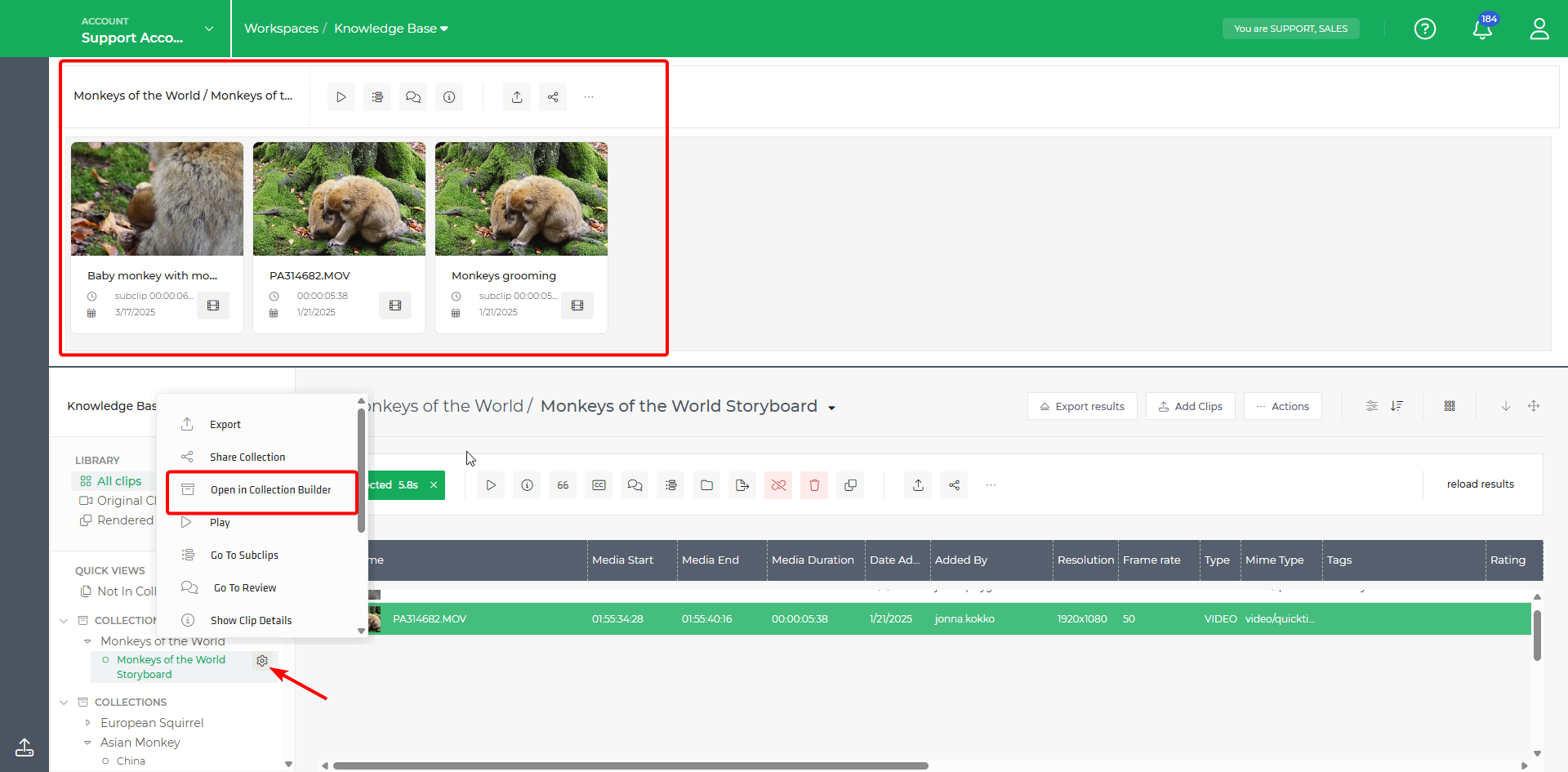 Limecraft screenshot illustrating how to create a collection builder from a collection and use it as a storyboard.