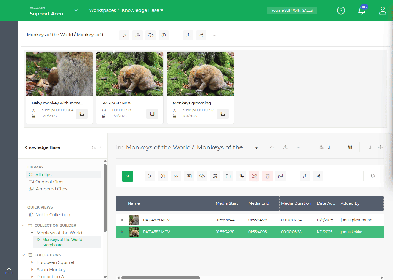 Limecraft GIF showing how to reorganise clips and subclips in the Collection Builder.