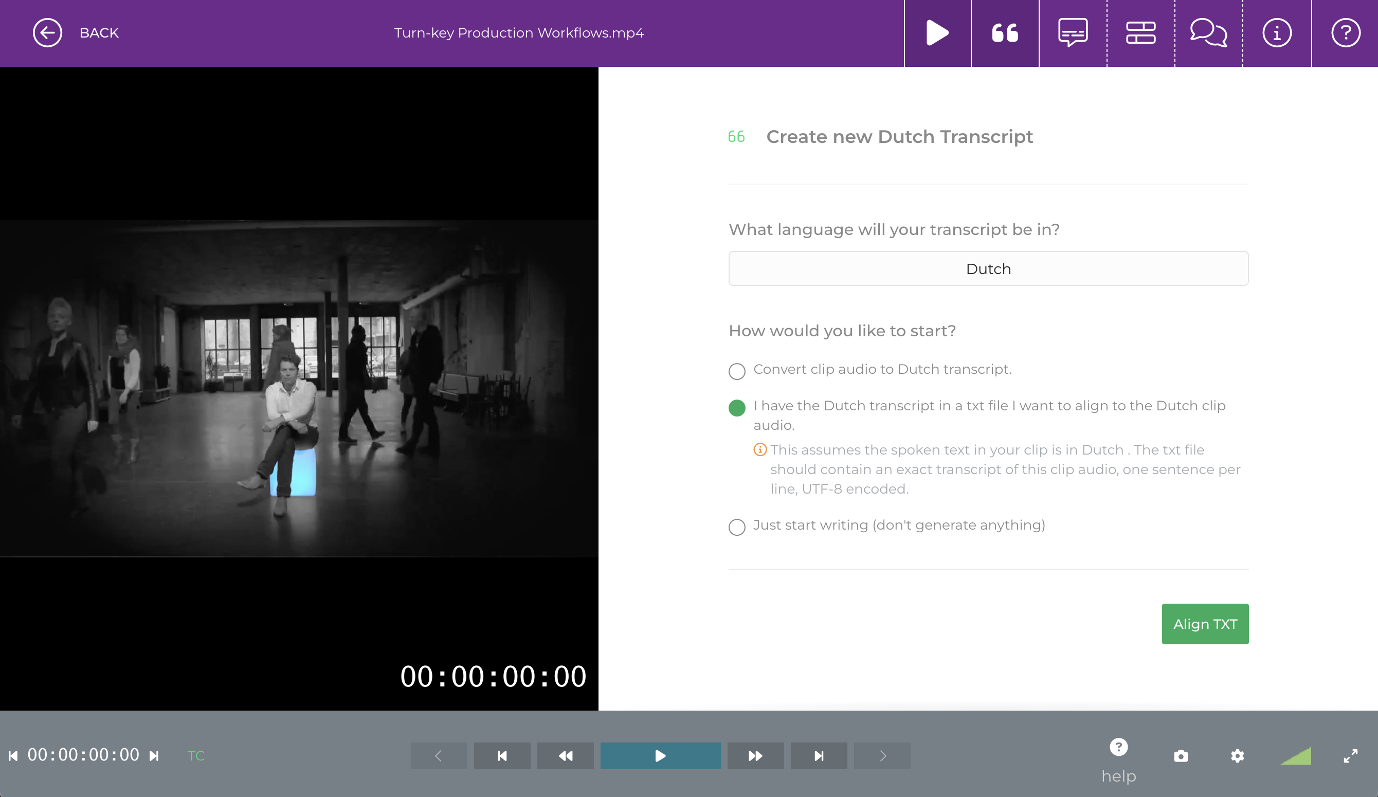 Limecraft screenshot of the transcription application, illustrating the ability to use an existing text to align