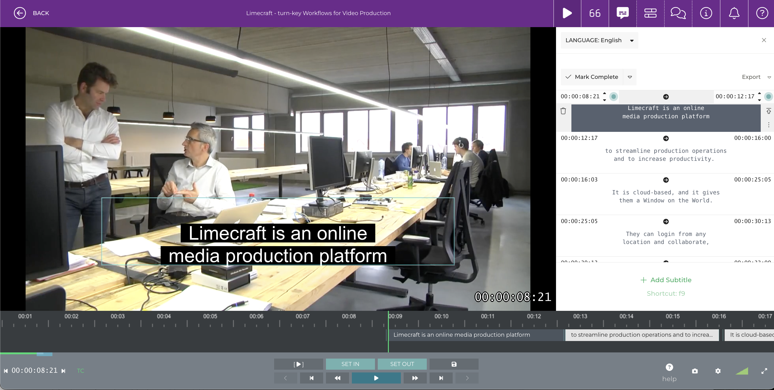 Limecraft screenshot illustrating how you can proofread and refine subtitles in the Subtitle Editor