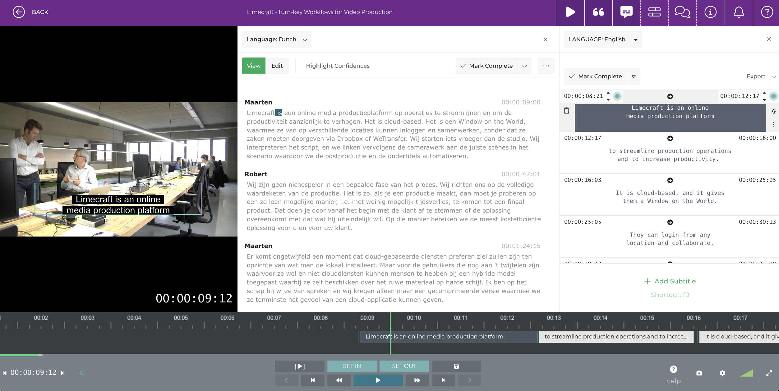 Limecraft Subtitle Editor showing AI-generated subtitles using spotting rules in Limecraft