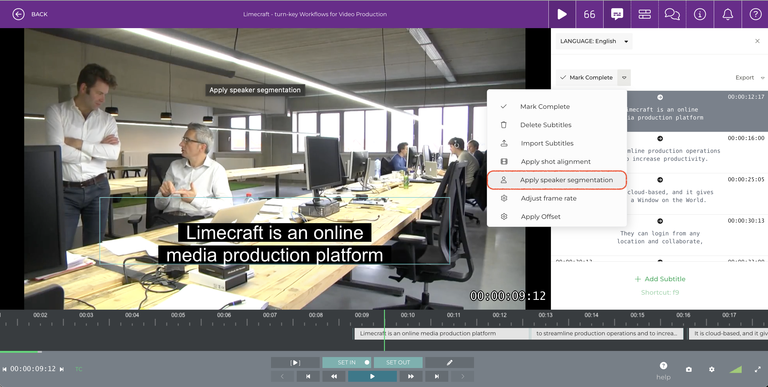 Screenshot of the Limecraft Subtitle Editor illustrating how you can retroactively mark speaker changes using the dropdown menu on top of the subtitles