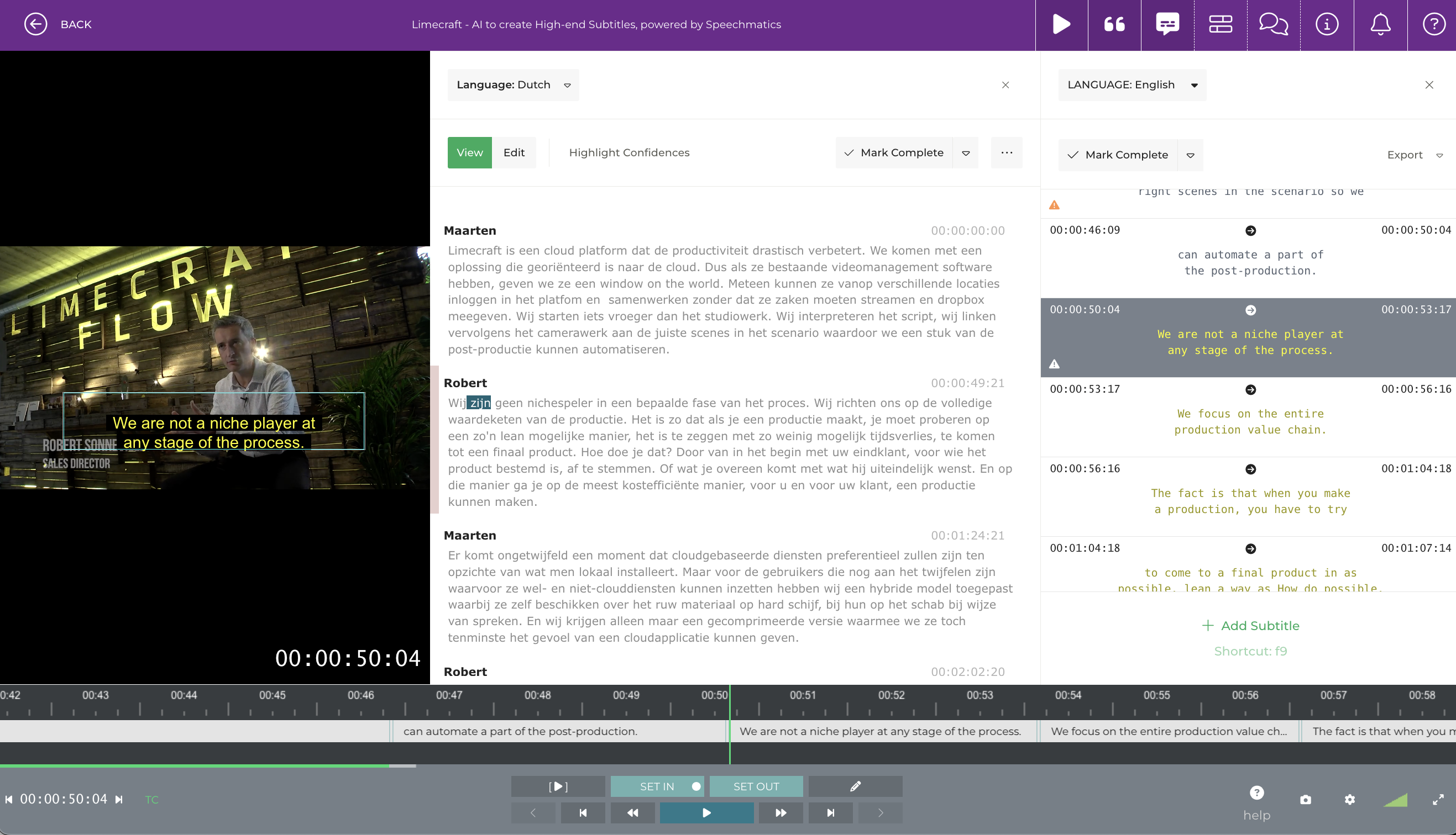 Subtitle Editor showing retroactive speaker change indication using diarisation in Limecraft