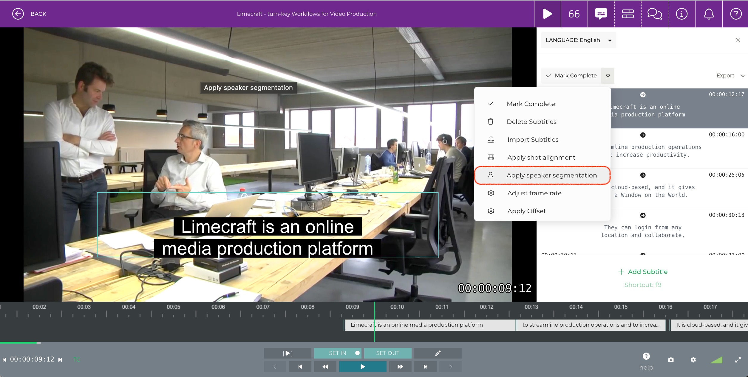Screenshot of the Limecraft Subtitle Editor illustrating how you can retroactively mark speaker changes using the dropdown menu on top of the subtitles