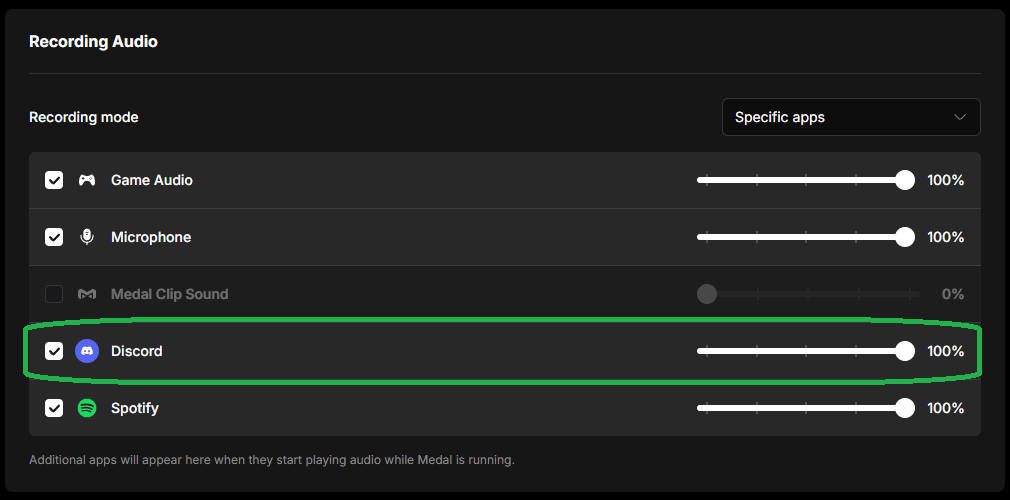 Screenshot of the "Recording Audio" settings showing all the different audio tracks