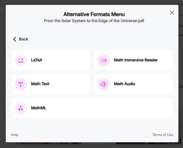 Different types of math formats after clicking the Math button.