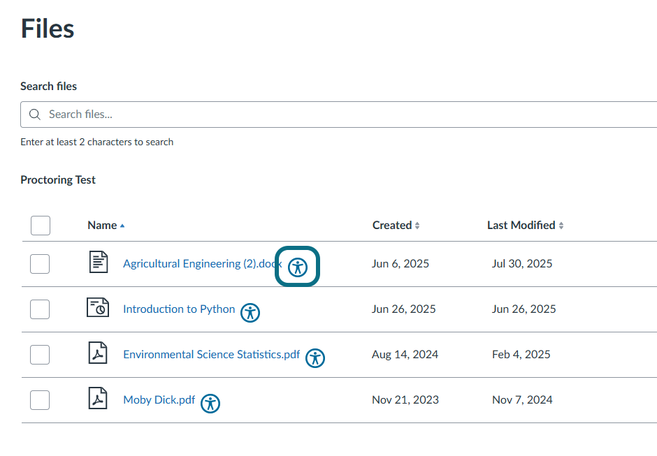 The files page highlighting the accessibility icon.