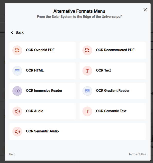 Different types of OCR formats after clicking the OCR button.
