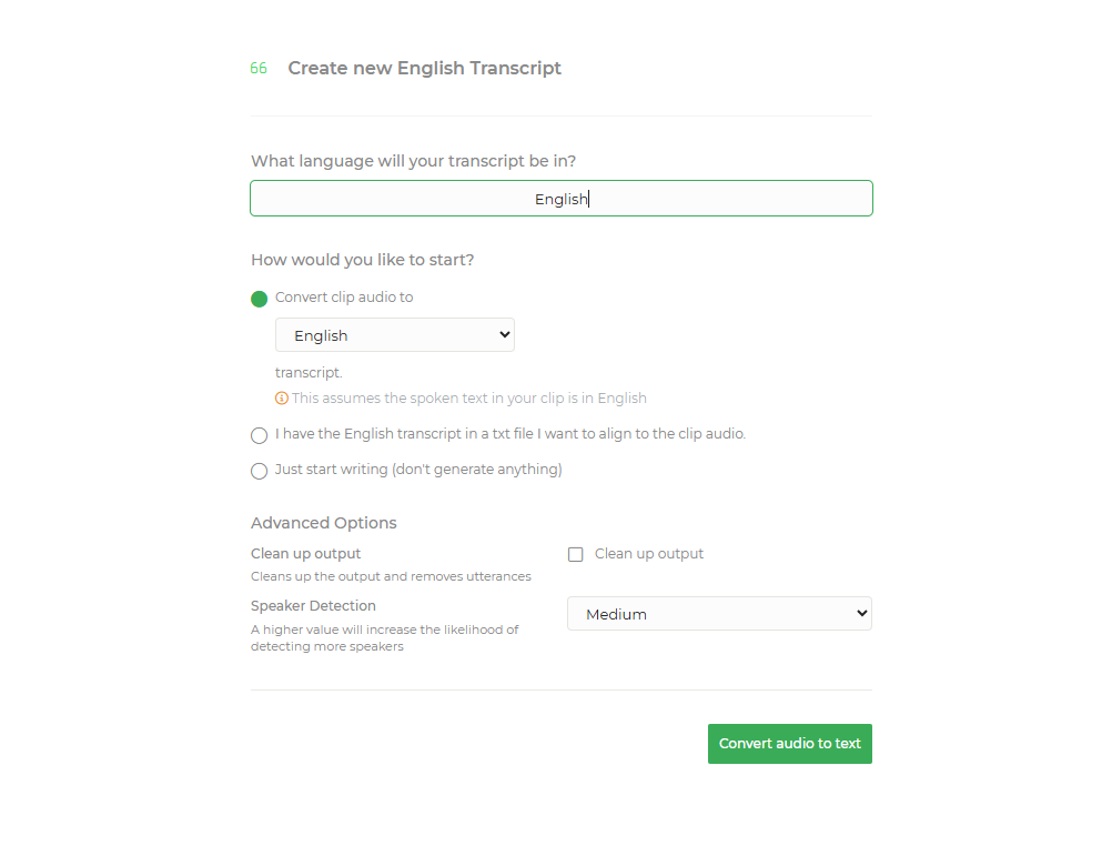 Limecraft screenshot of the dialogue to start a transcription job. 