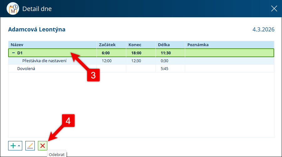 Odstranění směny v detailu dne
