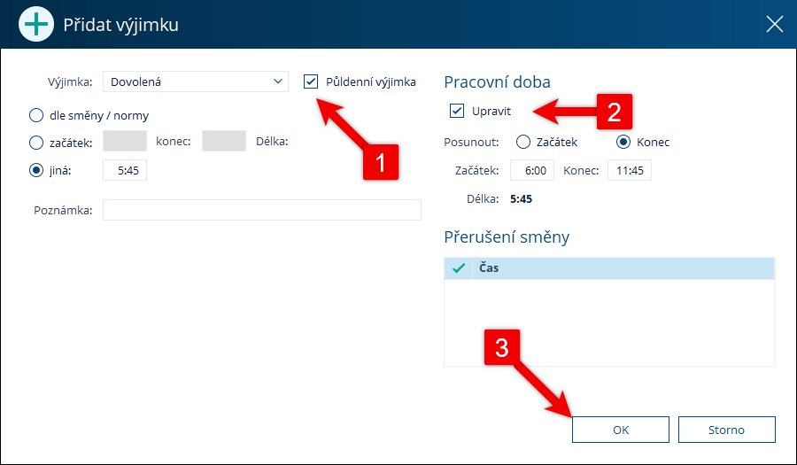 Nastavení půldenní výjimky