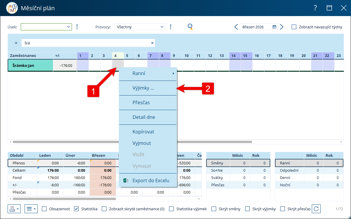 Výběr možnosti Výjimky v měsíčním plánu