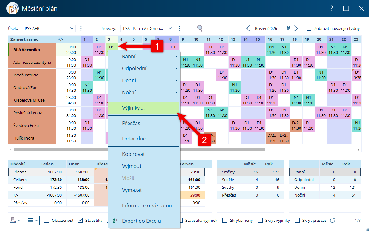 Volba Výjimky v měsíčním plánu
