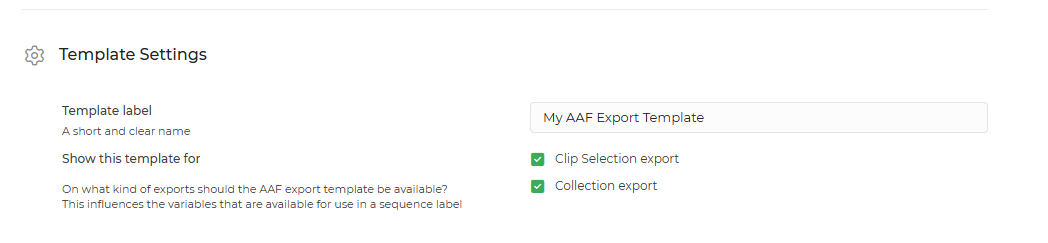 Limecraft Screenshot showing the basic AAF Export Template settings. 