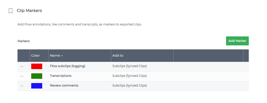 Limecraft screenshot showing how to define which markers to include in the export template.