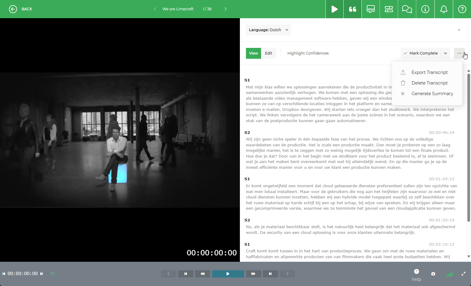 Limecraft screenshot showing the transcription application of the collaborative workspace. 