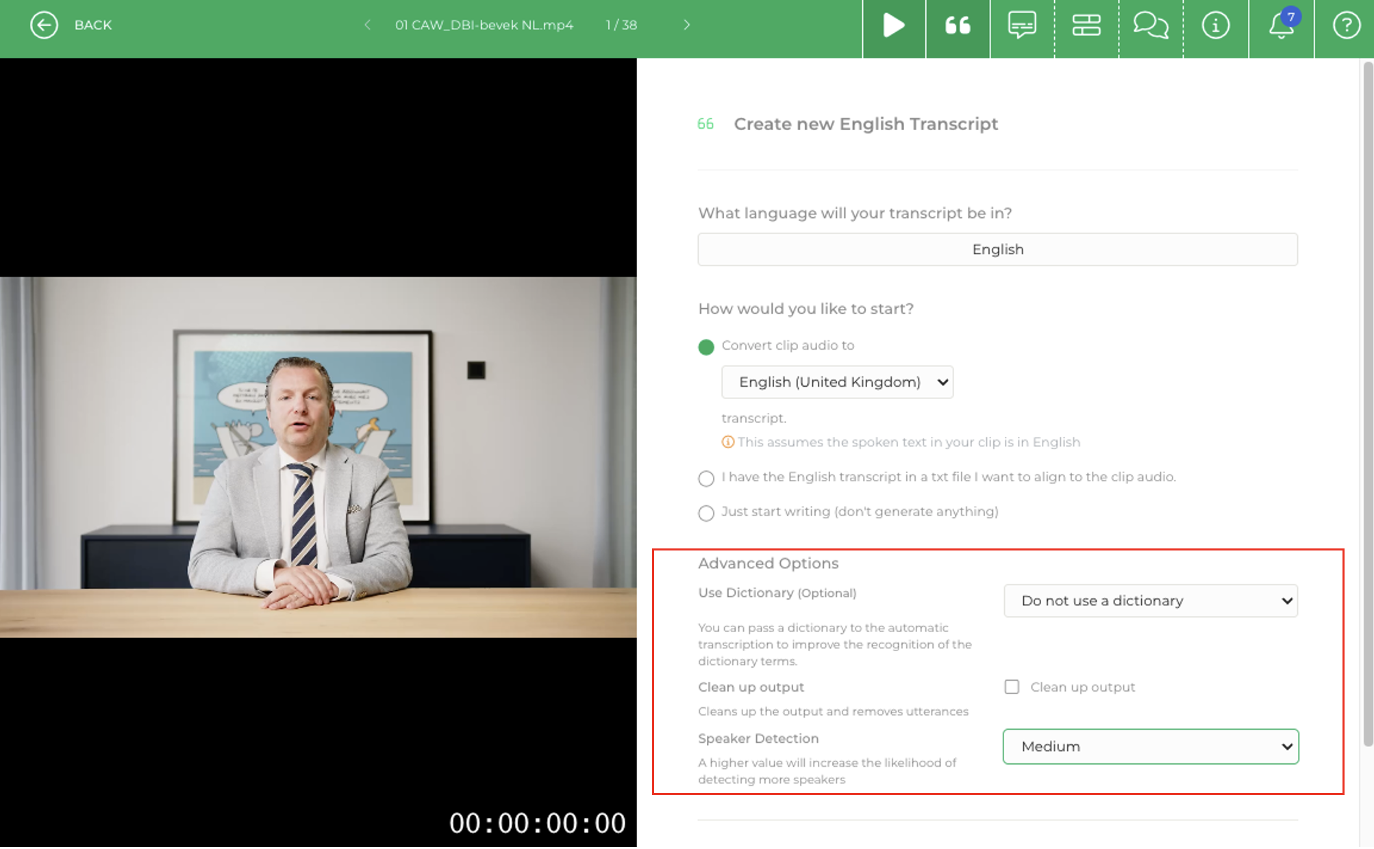 Limecraft Screenshot illustrating how to start a transcription job using advanced features like custom dictionaries, removal of disfluencies ("Clean up Output"), and Adjustment of the sensitivity of speaker change detection.