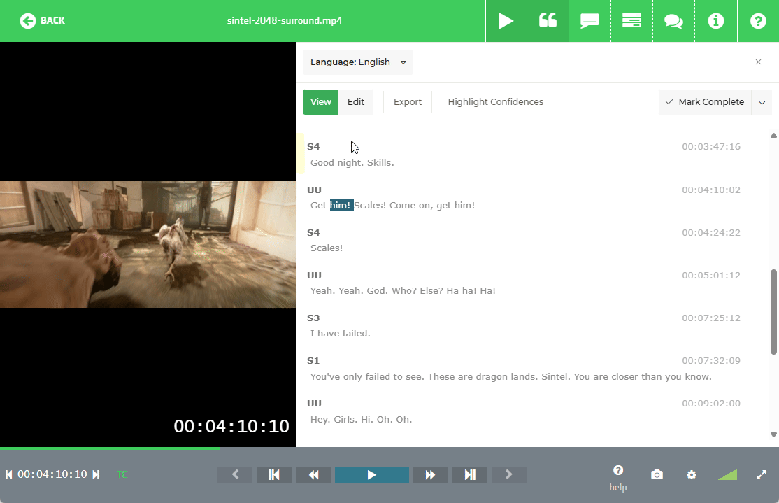 Limecraft screenshot illustrating the result of AI transcription
